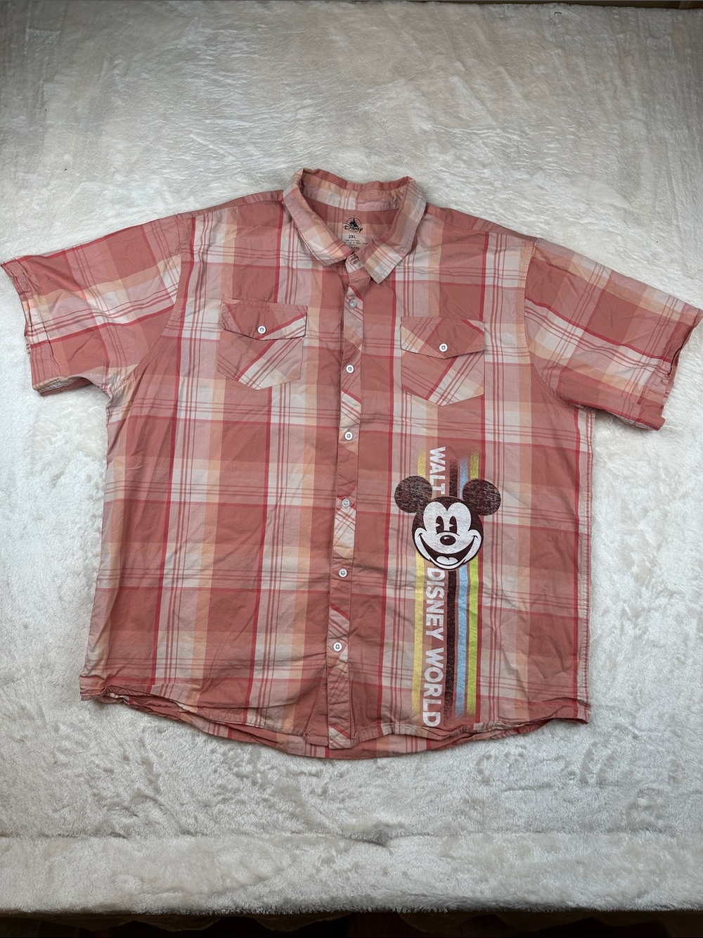Disney Size 2XL Men's Coral Plaid Short-Sleeve Button-Down Mickey Graphic